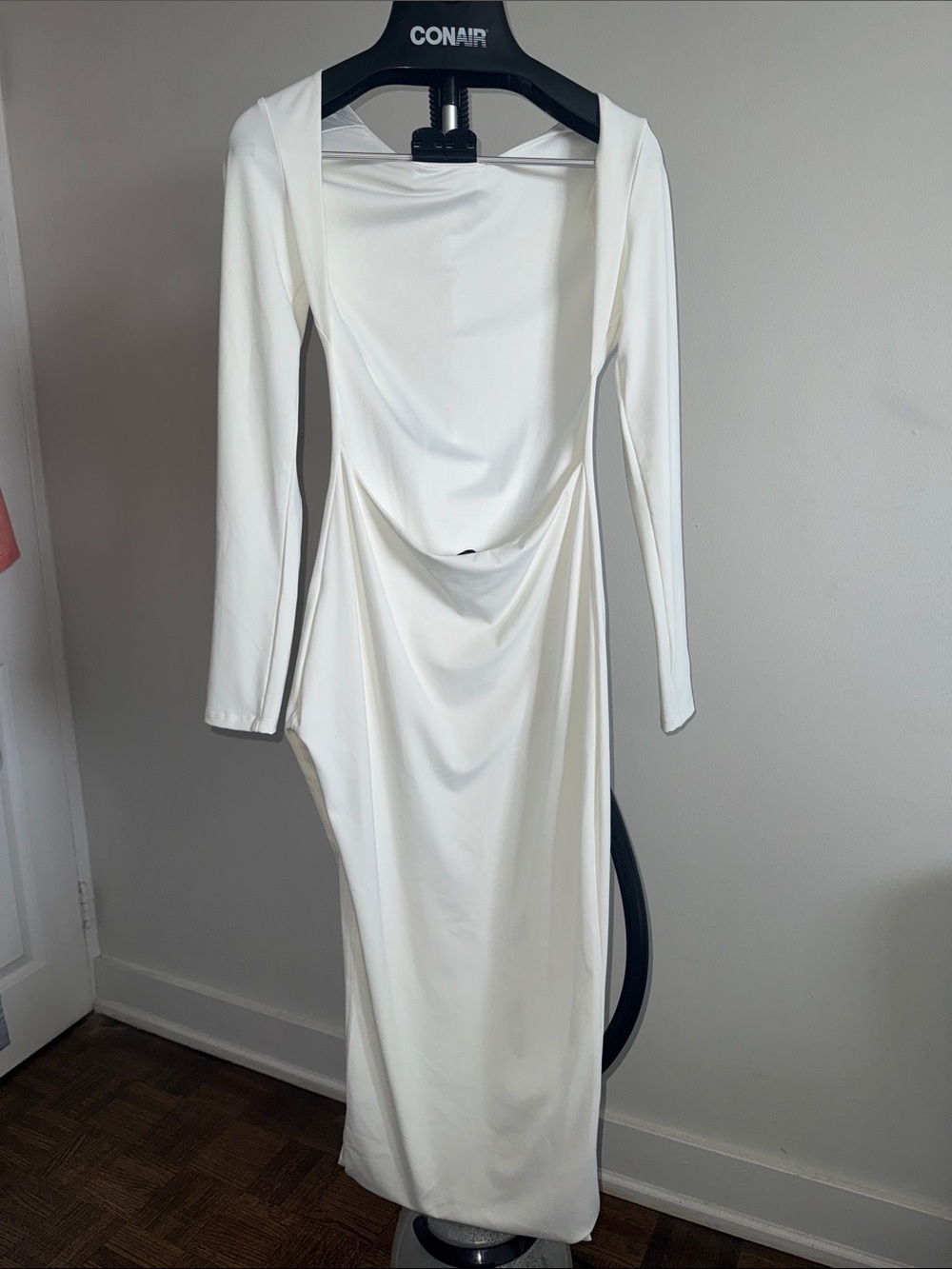 White Long-Sleeve Draped Backless Slit Evening Dress